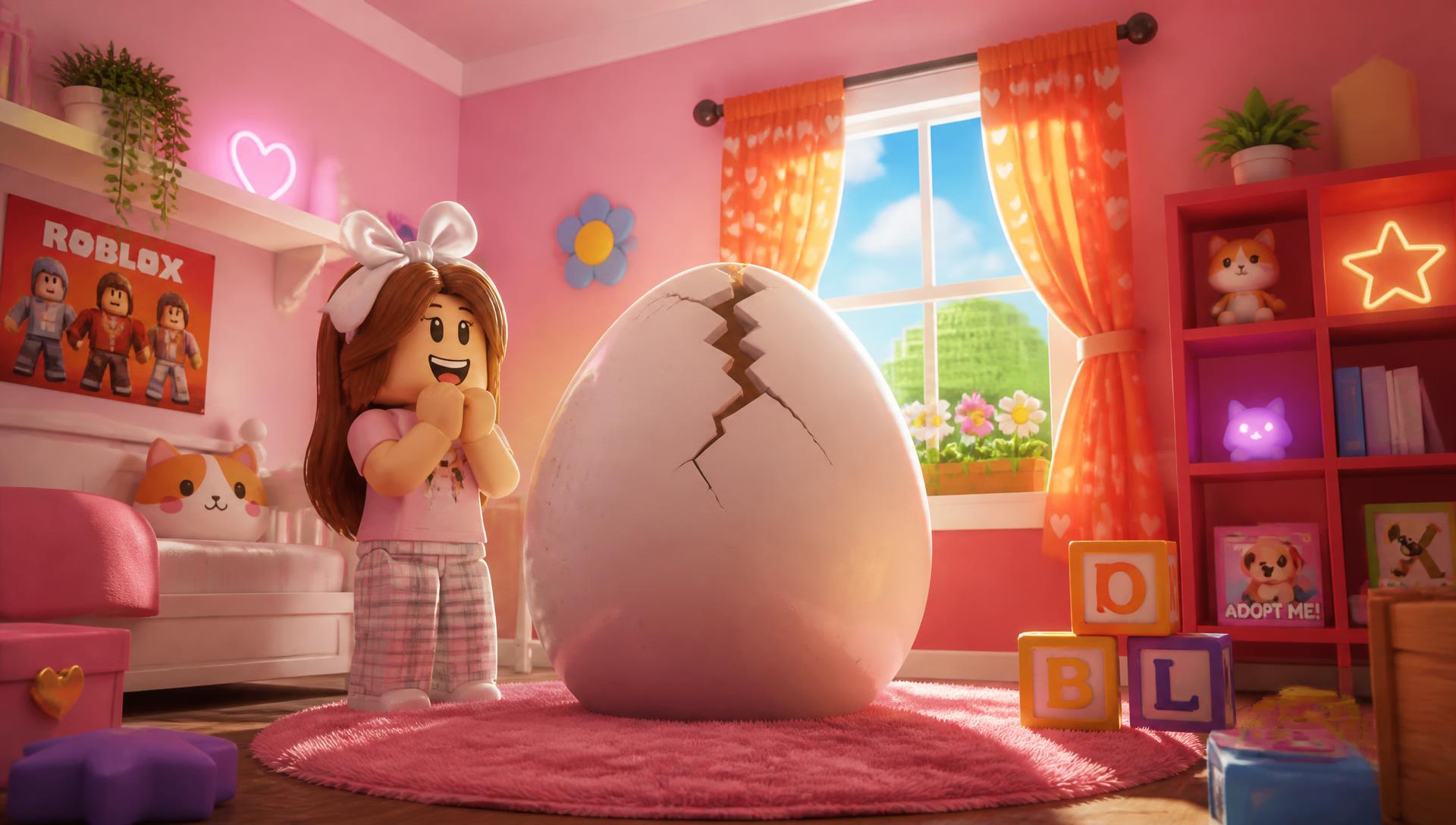 Adopt Me styled bedroom with a giant cracked egg
